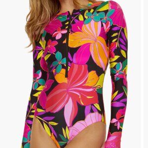 Trina Turk Pink and Orange One Piece Swimsuit with Long Sleeves